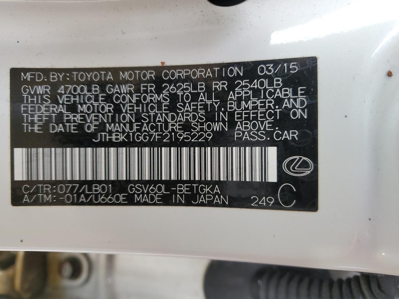 2015 Lexus ES VIN JTHBK1GG7F2195229 Copart auction photo, front end damage thumbnail 14
