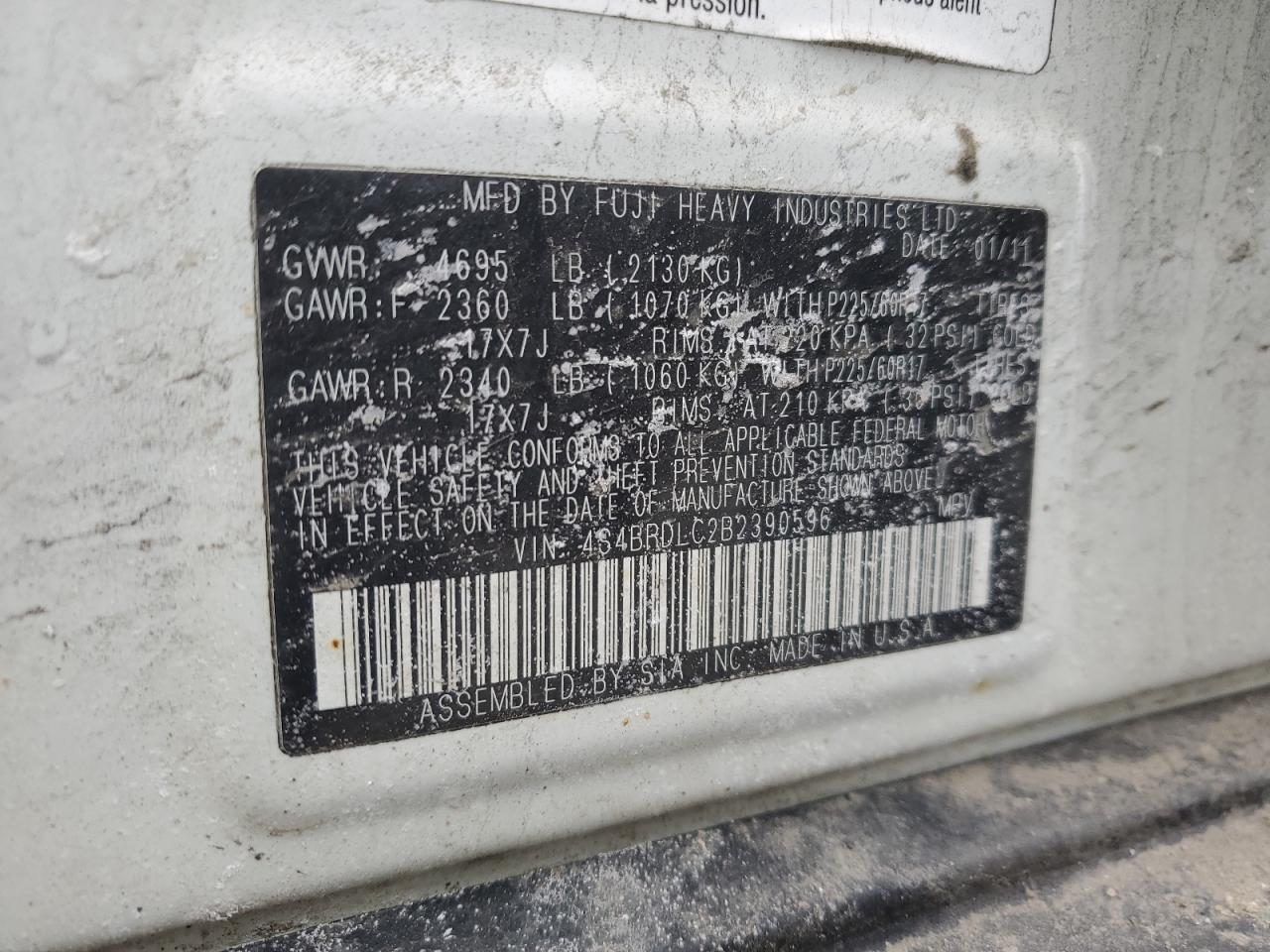 2011 Subaru Outback VIN 4S4BRDLC2B2390596 Copart auction photo, front end / side damage thumbnail 13