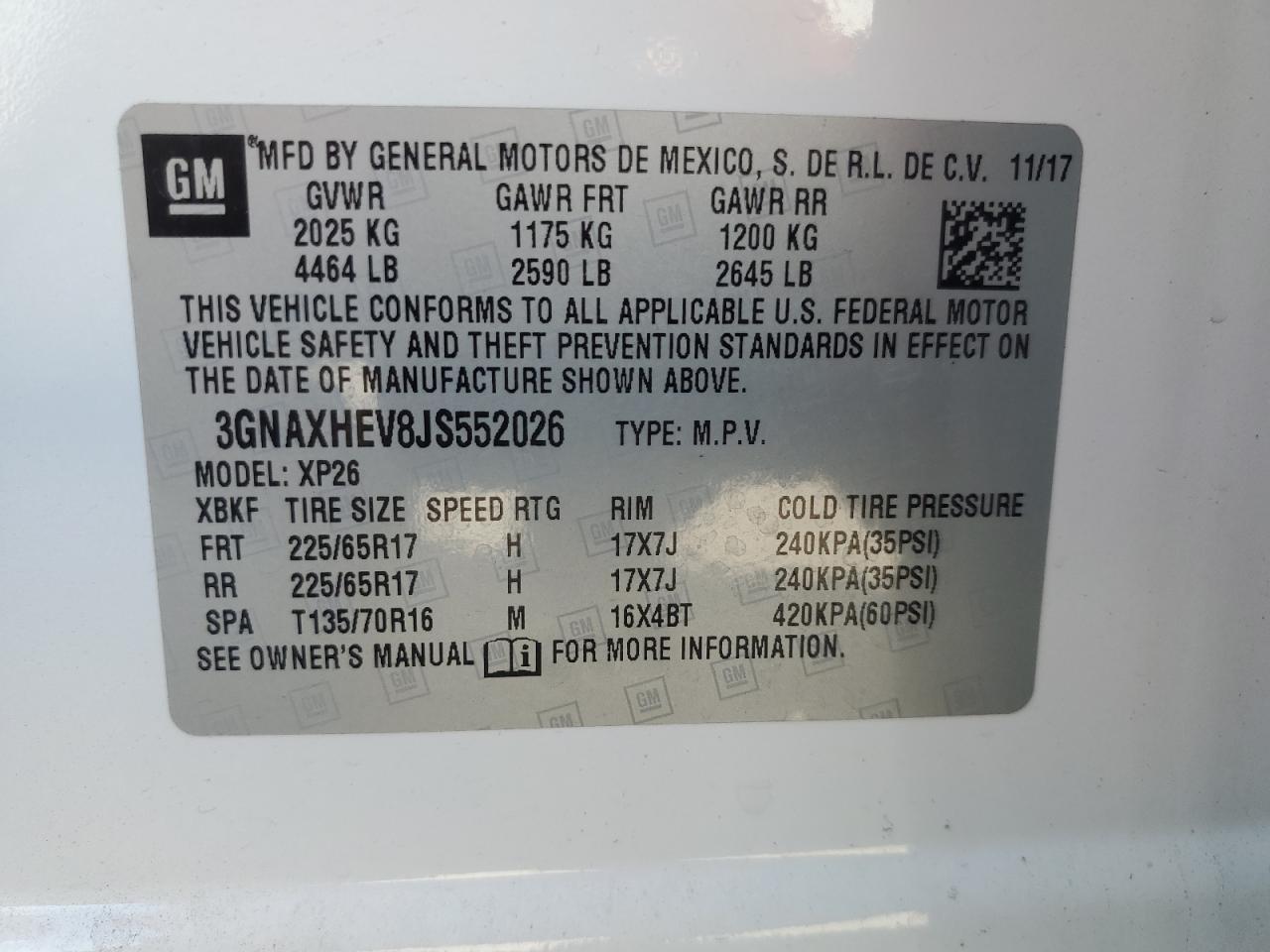 2018 Chevrolet Equinox VIN 3GNAXHEV8JS552026 Copart auction photo, front end / rear end damage thumbnail 13