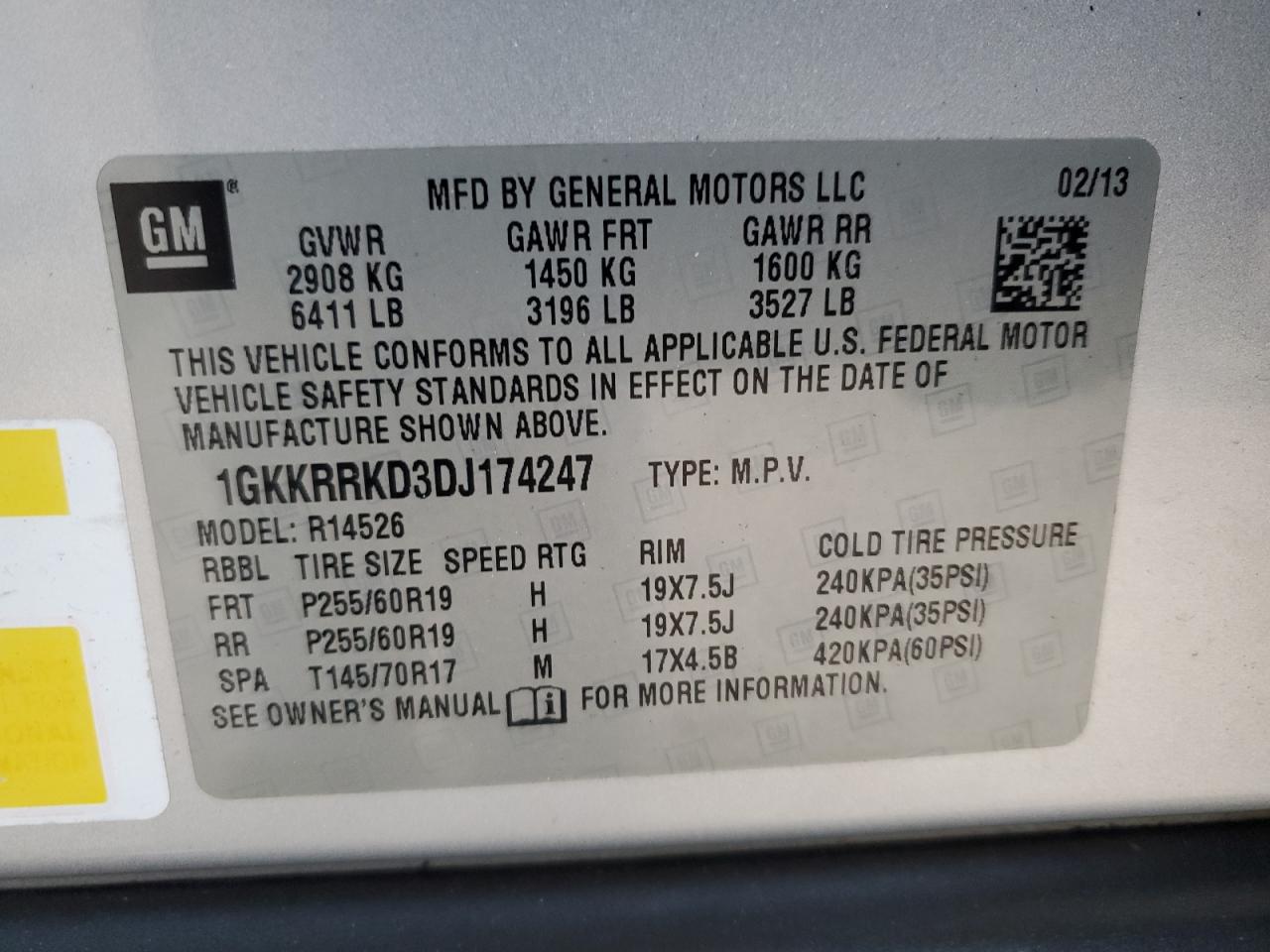2013 GMC Acadia VIN 1GKKRRKD3DJ174247 Copart auction photo, front end / side damage thumbnail 16