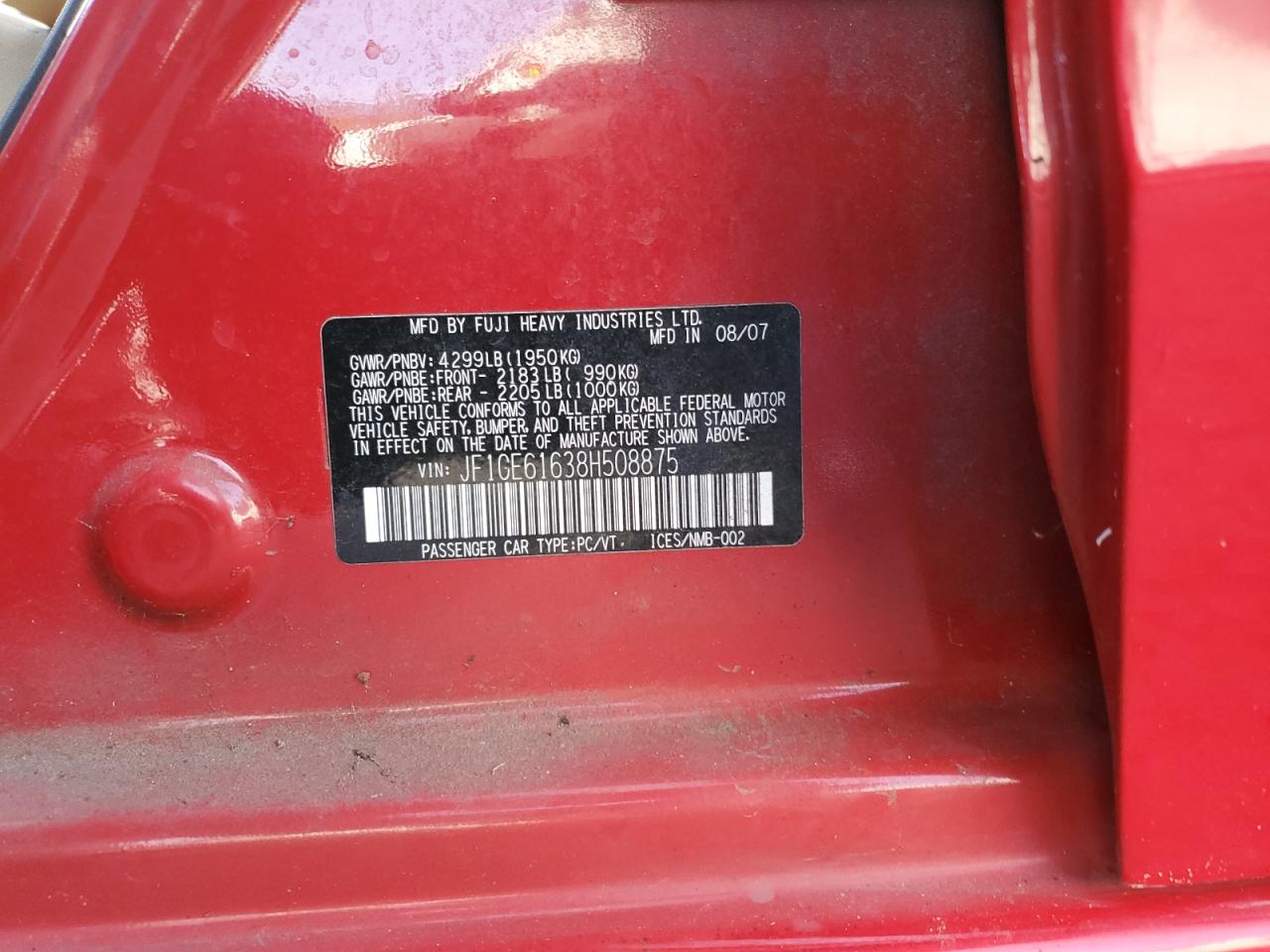2008 Subaru Impreza VIN JF1GE61638H508875 Copart auction photo, front end / undercarriage damage thumbnail 12