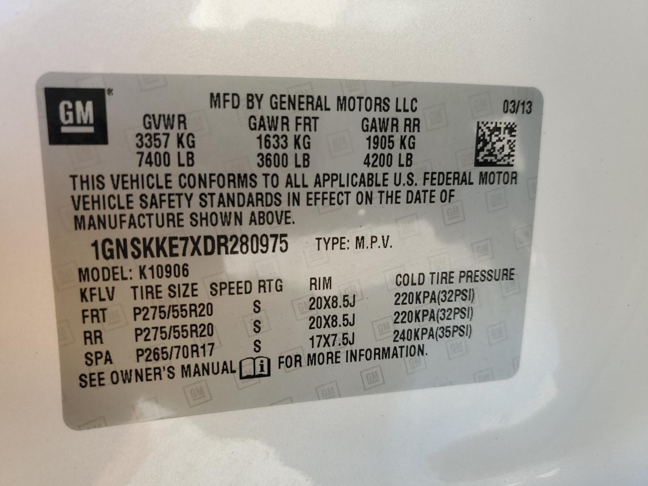 2013 Chevrolet Suburban VIN 1GNSKKE7XDR280975 Copart auction photo, side / rear end damage thumbnail 13