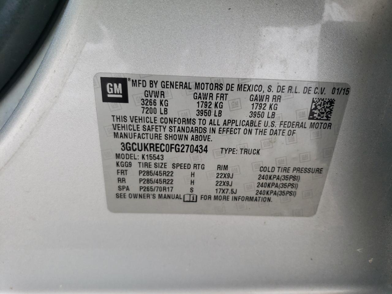 2015 Chevrolet Silverado VIN 3GCUKREC0FG270434 Copart auction photo, mechanical damage thumbnail 12