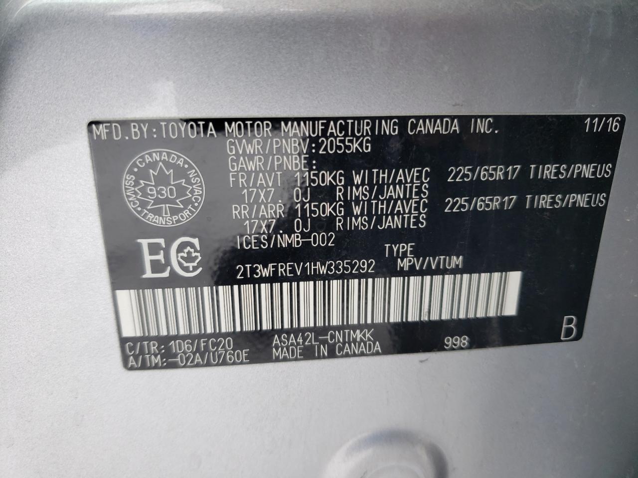 2017 Toyota RAV 4 VIN 2T3WFREV1HW335292 Copart auction photo, rear end / side damage thumbnail 13