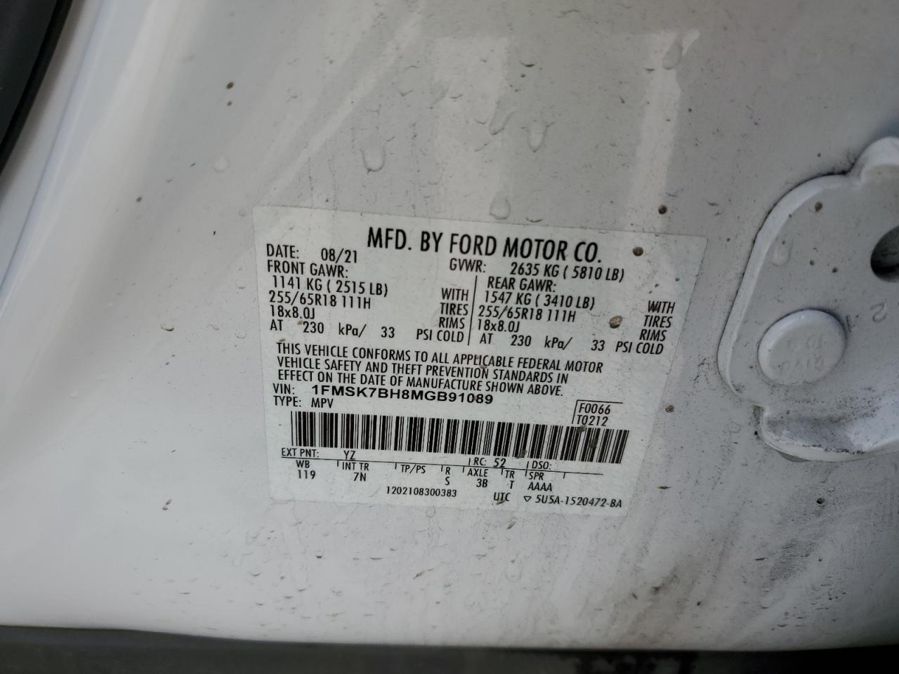 2021 Ford Explorer VIN 1FMSK7BH8MGB91089 Copart auction photo, rear end damage thumbnail 14