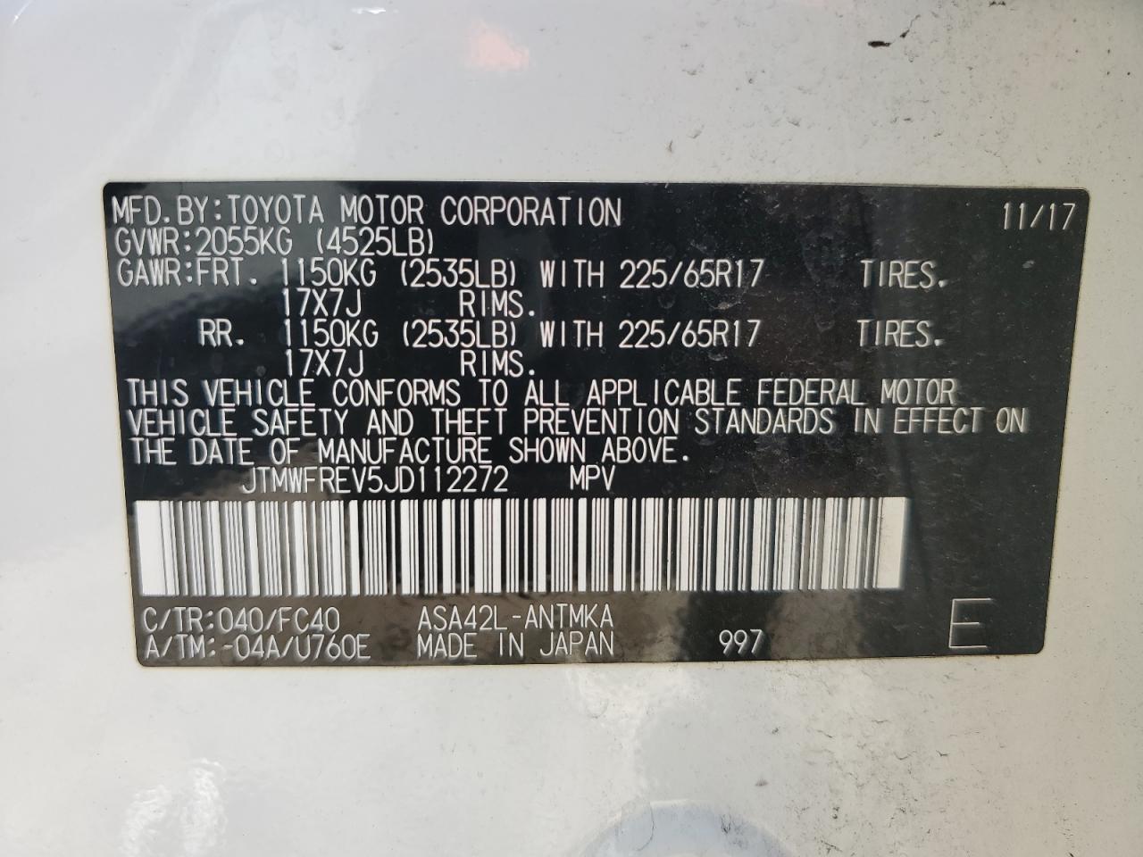 2018 Toyota RAV 4 VIN JTMWFREV5JD112272 Copart auction photo, front end / minor dent/scratches damage thumbnail 13