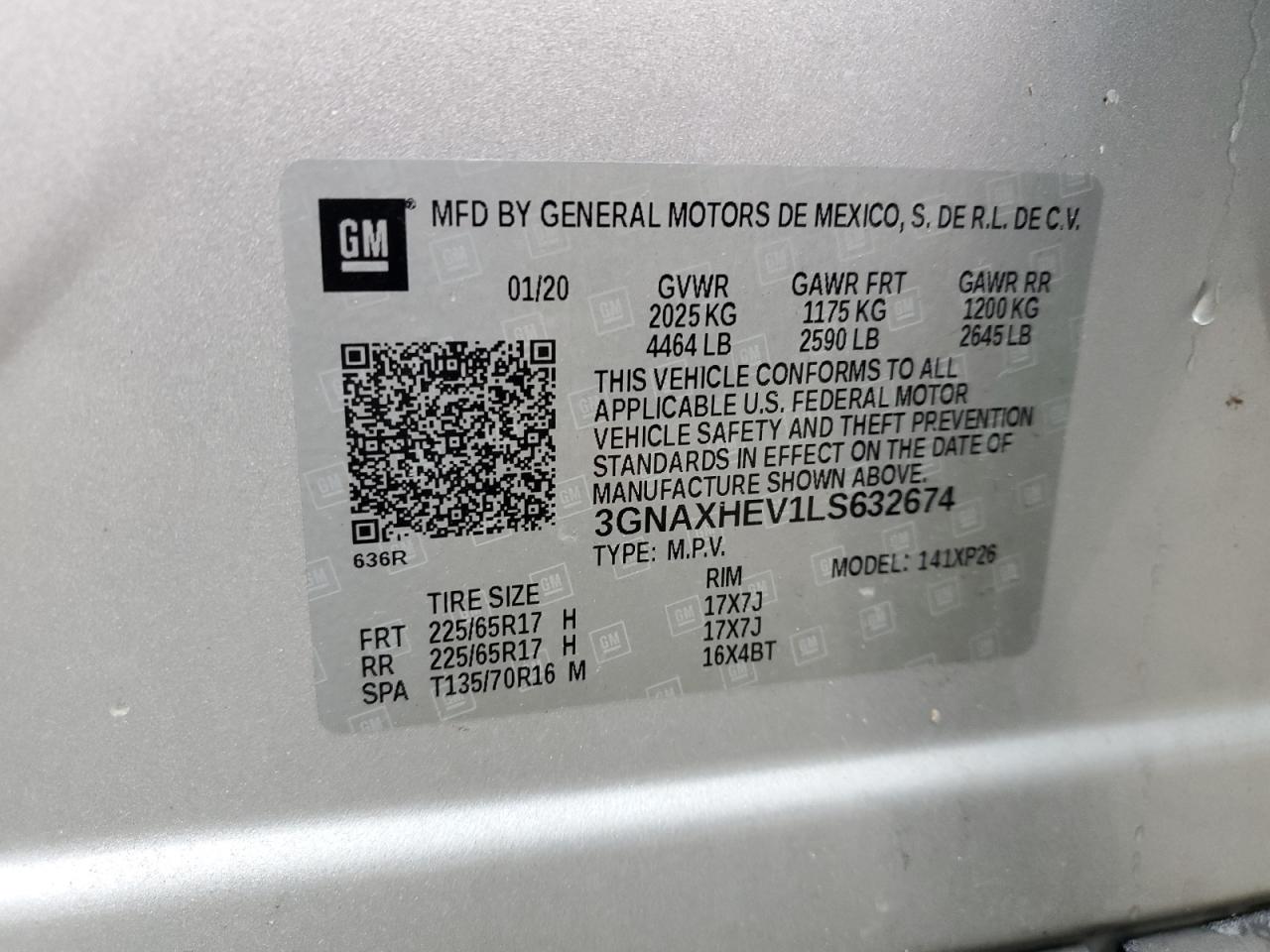 2020 Chevrolet Equinox VIN 3GNAXHEV1LS632674 Copart auction photo, rear end damage thumbnail 13