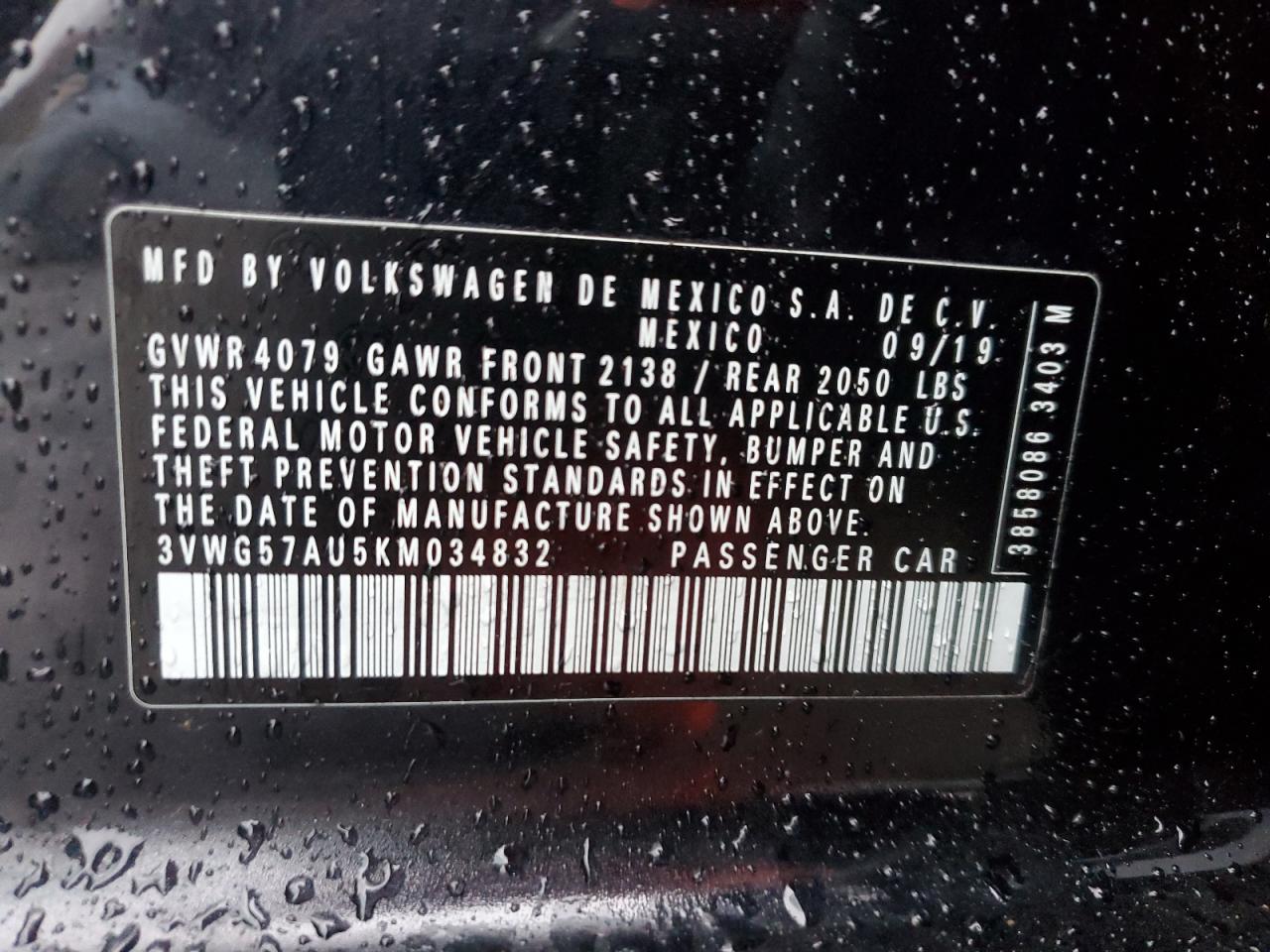 2019 Volkswagen Golf VIN 3VWG57AU5KM034832 Copart auction photo, rear end damage thumbnail 13