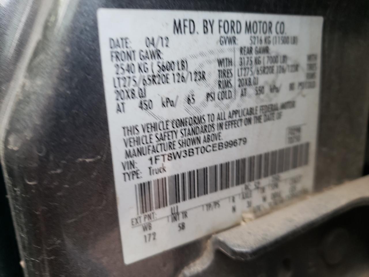 2012 Ford F350 VIN 1FT8W3BT0CEB99679 Copart auction photo, all over damage thumbnail 12