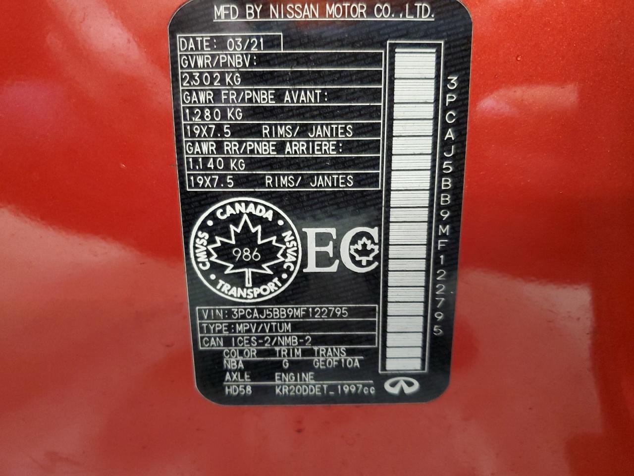 2021 Infiniti QX50 VIN 3PCAJ5BB9MF122795 Copart auction photo, front end damage thumbnail 13