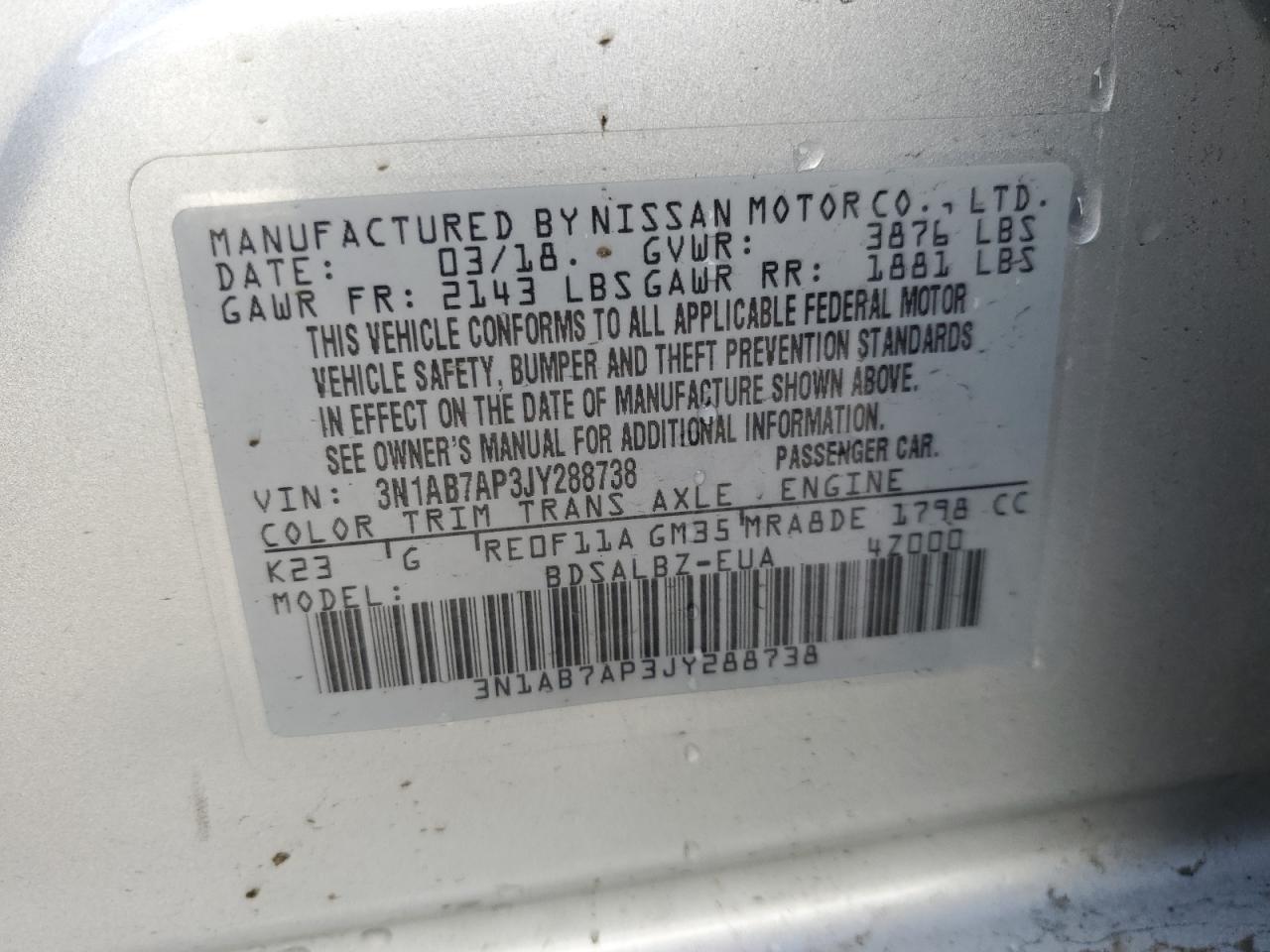 2018 Nissan Sentra VIN 3N1AB7AP3JY288738 Copart auction photo, front end / all over damage thumbnail 14