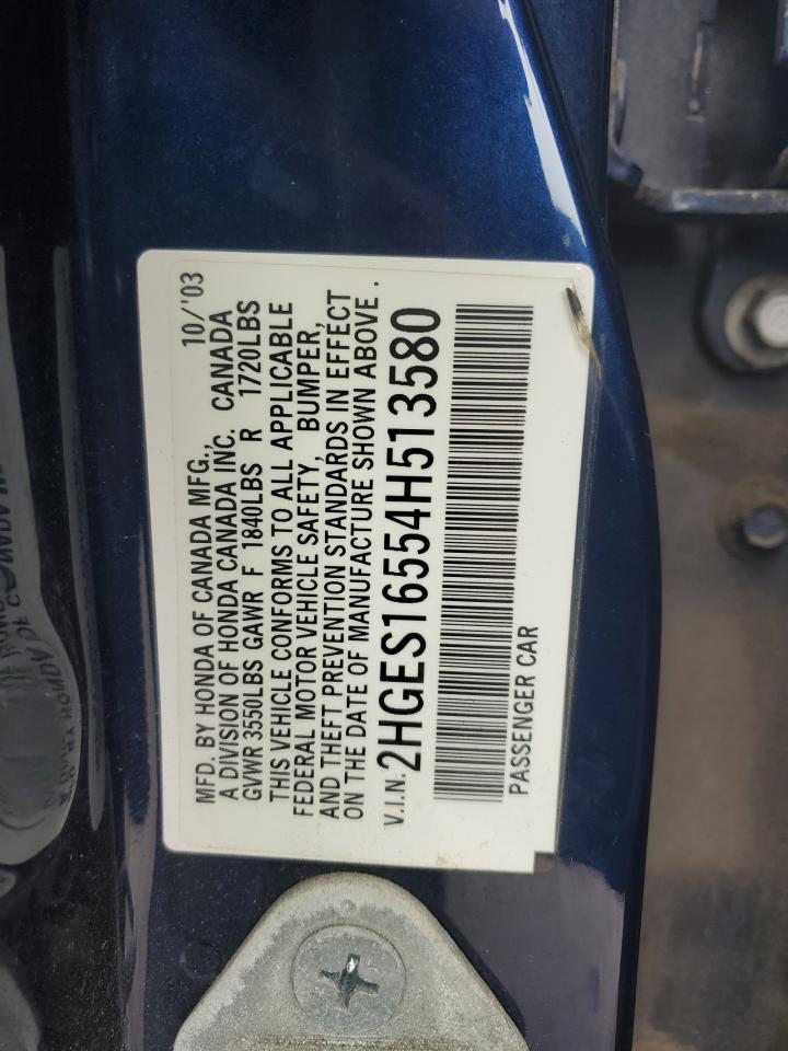 2004 Honda Civic VIN 2HGES16554H513580 Copart auction photo, front end / undercarriage damage thumbnail 12