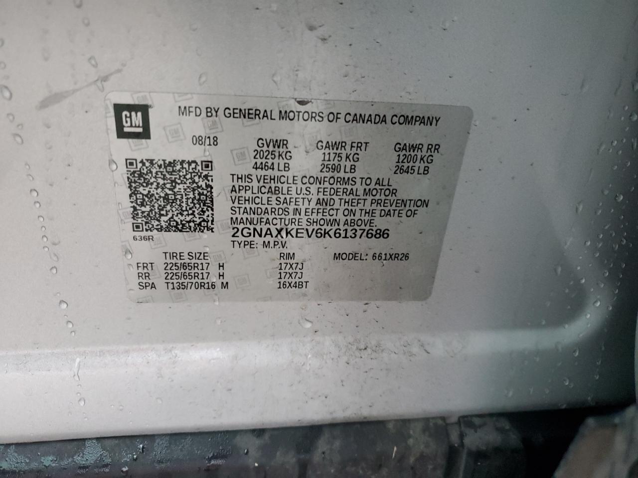 2019 Chevrolet Equinox VIN 2GNAXKEV6K6137686 Copart auction photo, front end damage thumbnail 13