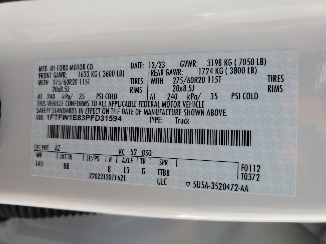 2023 Ford F-150 VIN 1FTFW1E83PFD31594 Copart auction photo, front end damage thumbnail 12