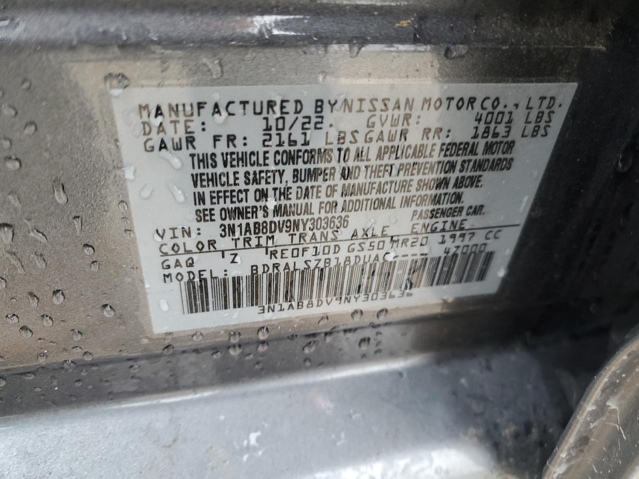 2022 Nissan Sentra VIN 3N1AB8DV9NY303636 Copart auction photo, rear end / undercarriage damage thumbnail 13