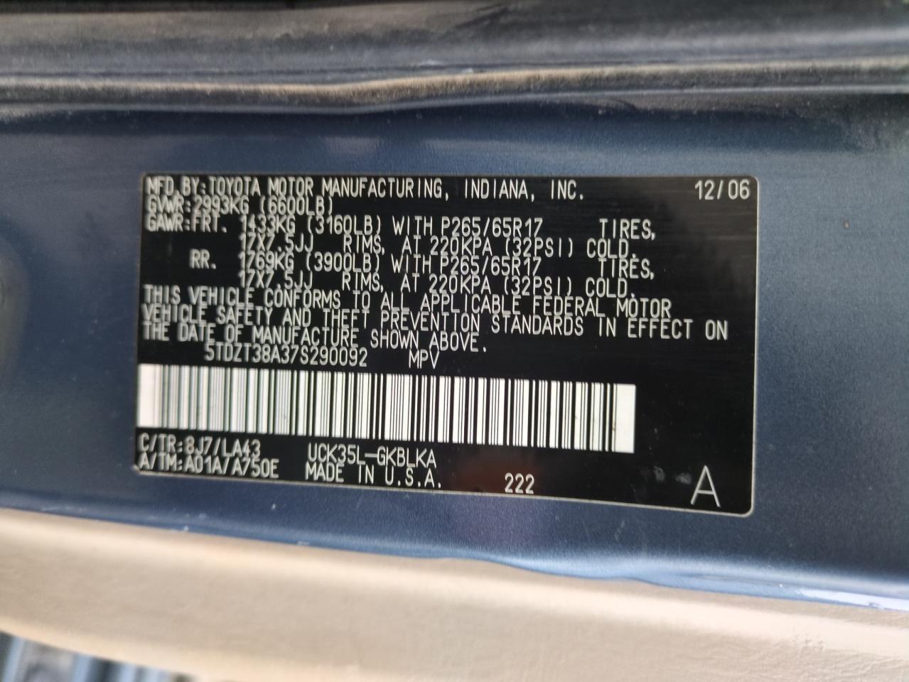 2007 Toyota Sequoia VIN 5TDZT38A37S290092 Copart auction photo, rear end damage thumbnail 12