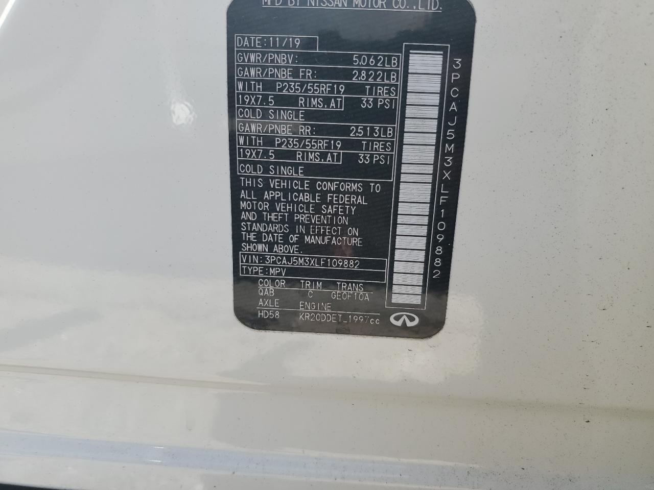 2020 Infiniti QX50 VIN 3PCAJ5M3XLF109882 Copart auction photo, front end damage thumbnail 13