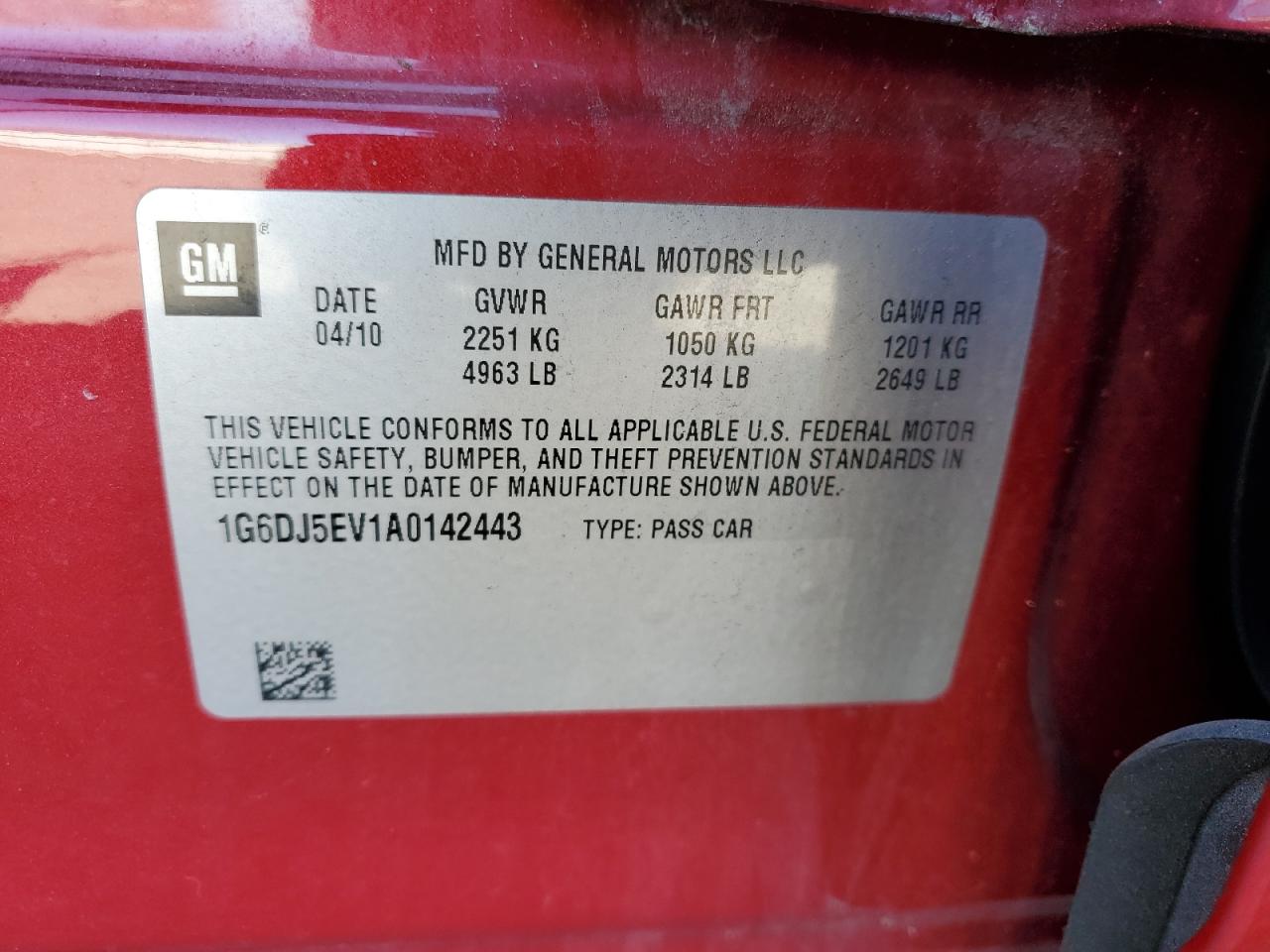 2010 Cadillac CTS VIN 1G6DJ5EV1A0142443 Copart auction photo, rear end / side damage thumbnail 13