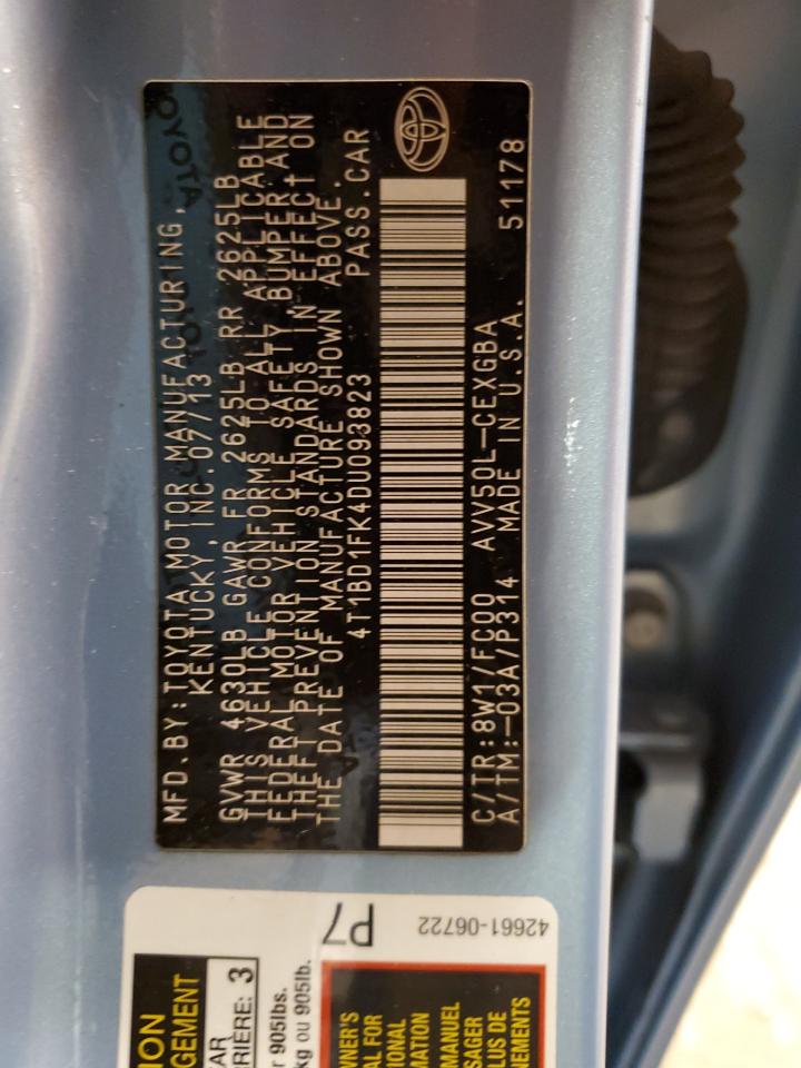 2013 Toyota Camry VIN 4T1BD1FK4DU093823 Copart auction photo, front end / side damage thumbnail 12