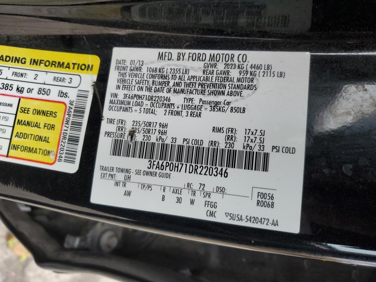 2013 Ford Fusion VIN 3FA6P0H71DR220346 Copart auction photo, front end damage thumbnail 12