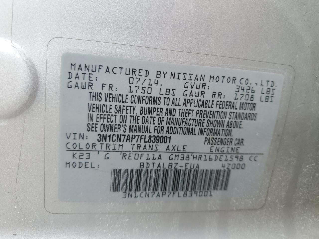 2015 Nissan Versa VIN 3N1CN7AP7FL839001 Copart auction photo, front end / side damage thumbnail 12