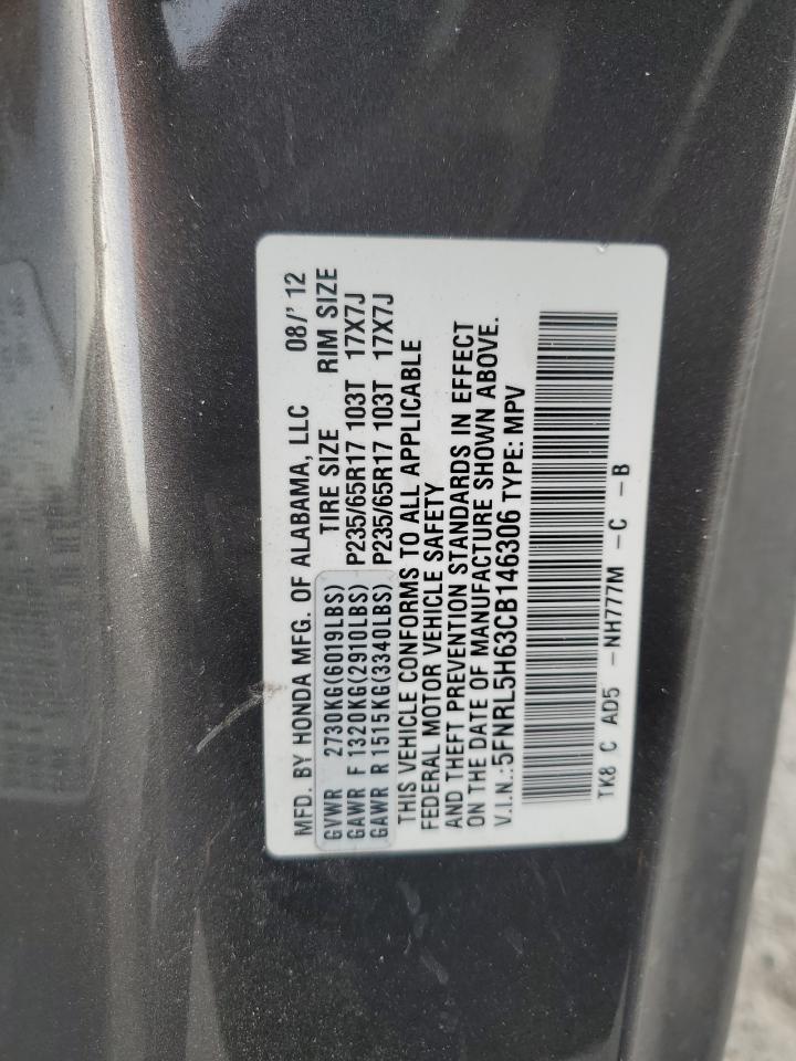 2012 Honda Odyssey VIN 5FNRL5H63CB146306 Copart auction photo, side / front end damage thumbnail 15