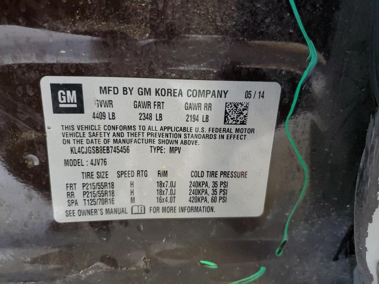 2014 Buick Encore VIN KL4CJGSB8EB745456 Copart auction photo, side / rear end damage thumbnail 13