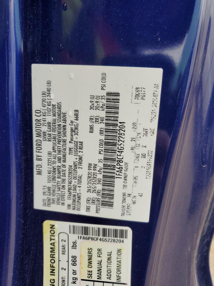 2016 Ford Mustang VIN 1FA6P8CF4G5228204 Copart auction photo, front end / rear end damage thumbnail 12