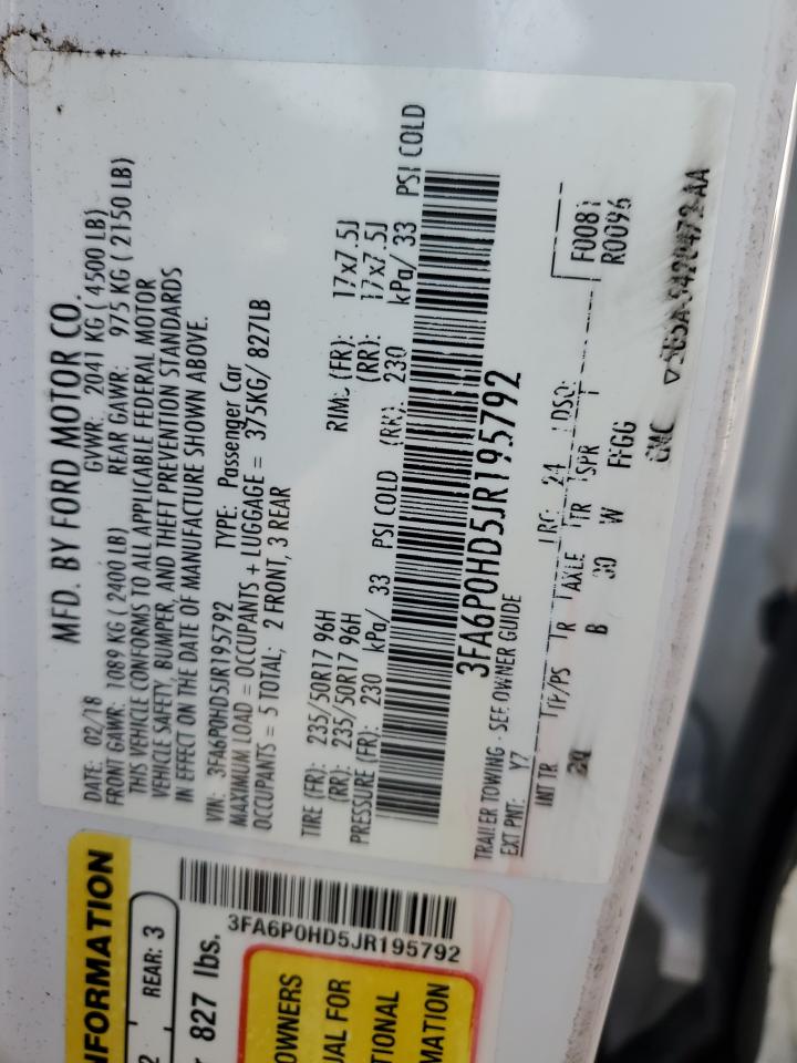 2018 Ford Fusion VIN 3FA6P0HD5JR195792 Copart auction photo, front end damage thumbnail 12