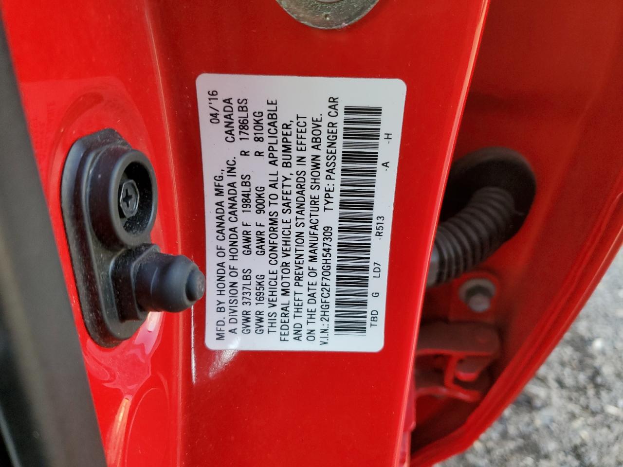 2016 Honda Civic VIN 2HGFC2F70GH547309 Copart auction photo, front end / undercarriage damage thumbnail 15