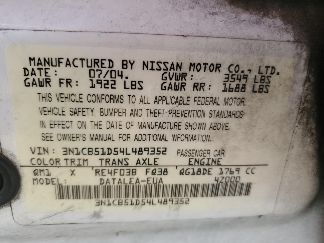 2004 Nissan Sentra VIN 3N1CB51D54L489352 Copart auction photo, front end damage thumbnail 12