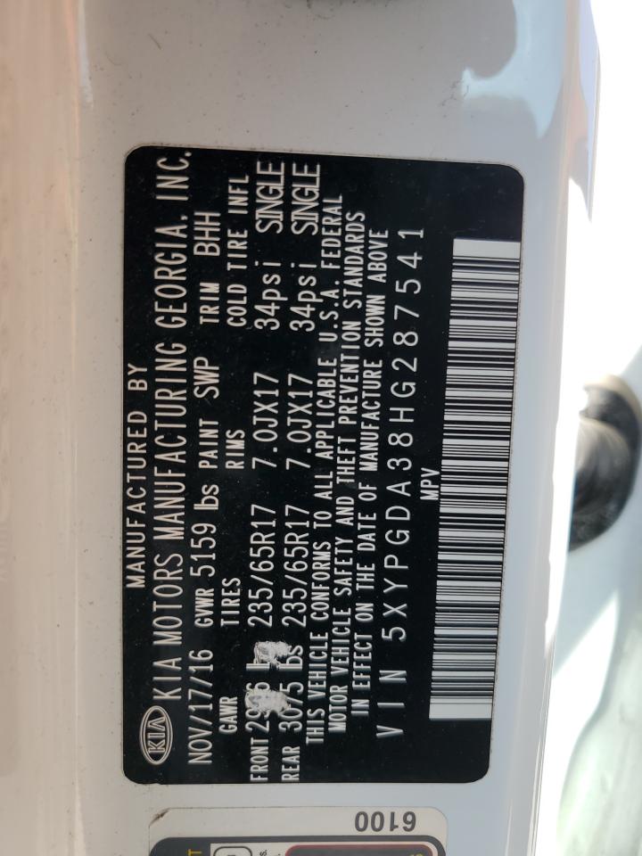 2017 KIA Sorento VIN 5XYPGDA38HG287541 Copart auction photo, front end / vandalism damage thumbnail 14