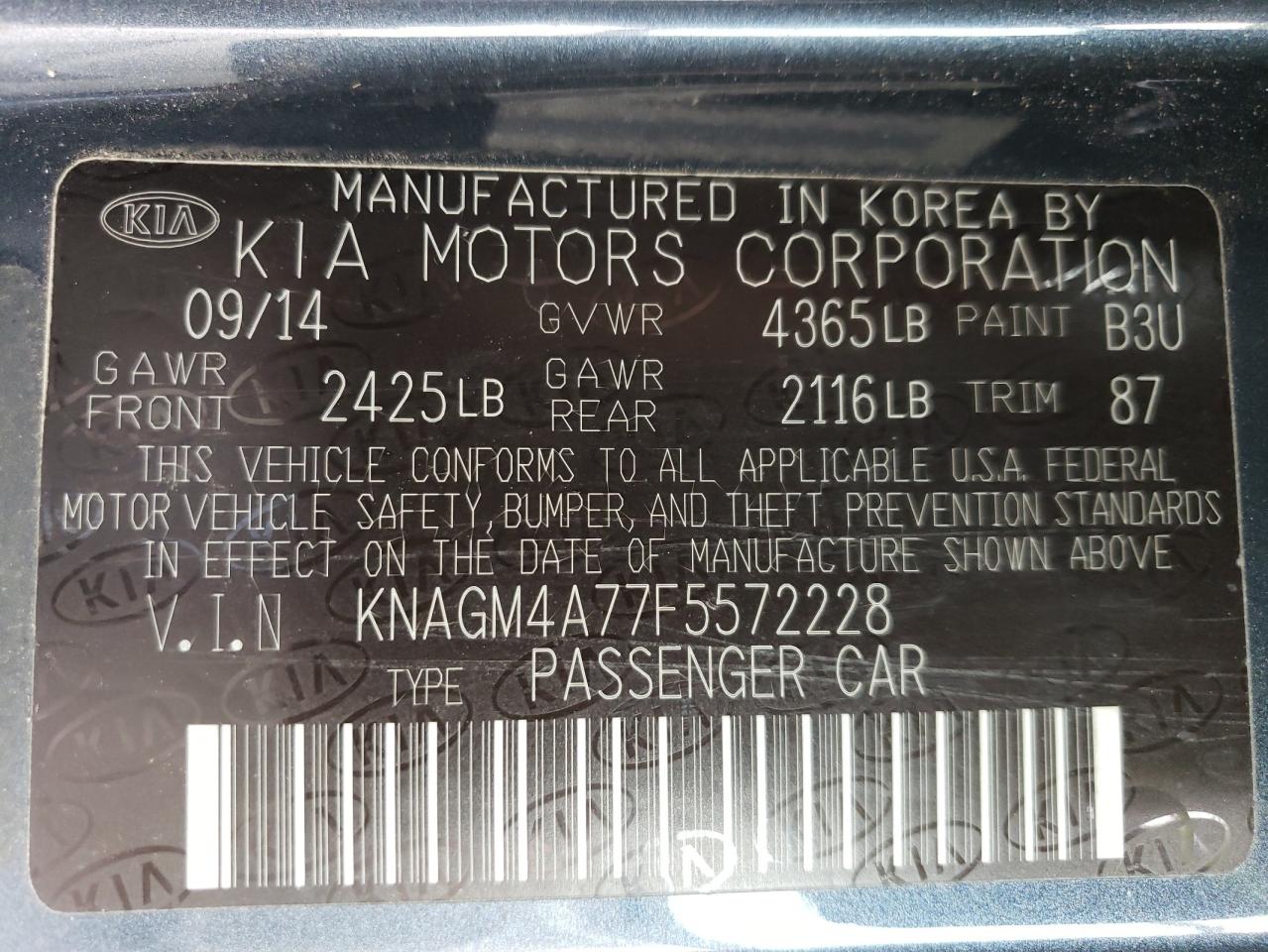 2015 KIA Optima VIN KNAGM4A77F5572228 Copart auction photo, hail / front end damage thumbnail 14
