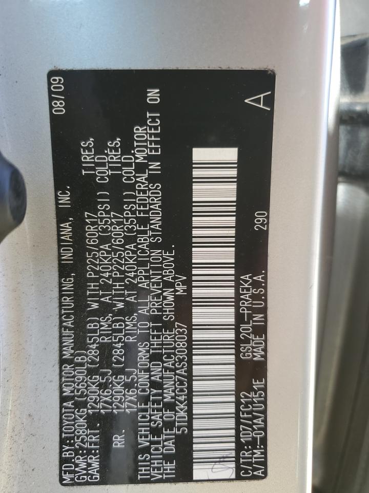 2010 Toyota Sienna VIN 5TDKK4CC7AS308037 Copart auction photo, rear end damage thumbnail 15