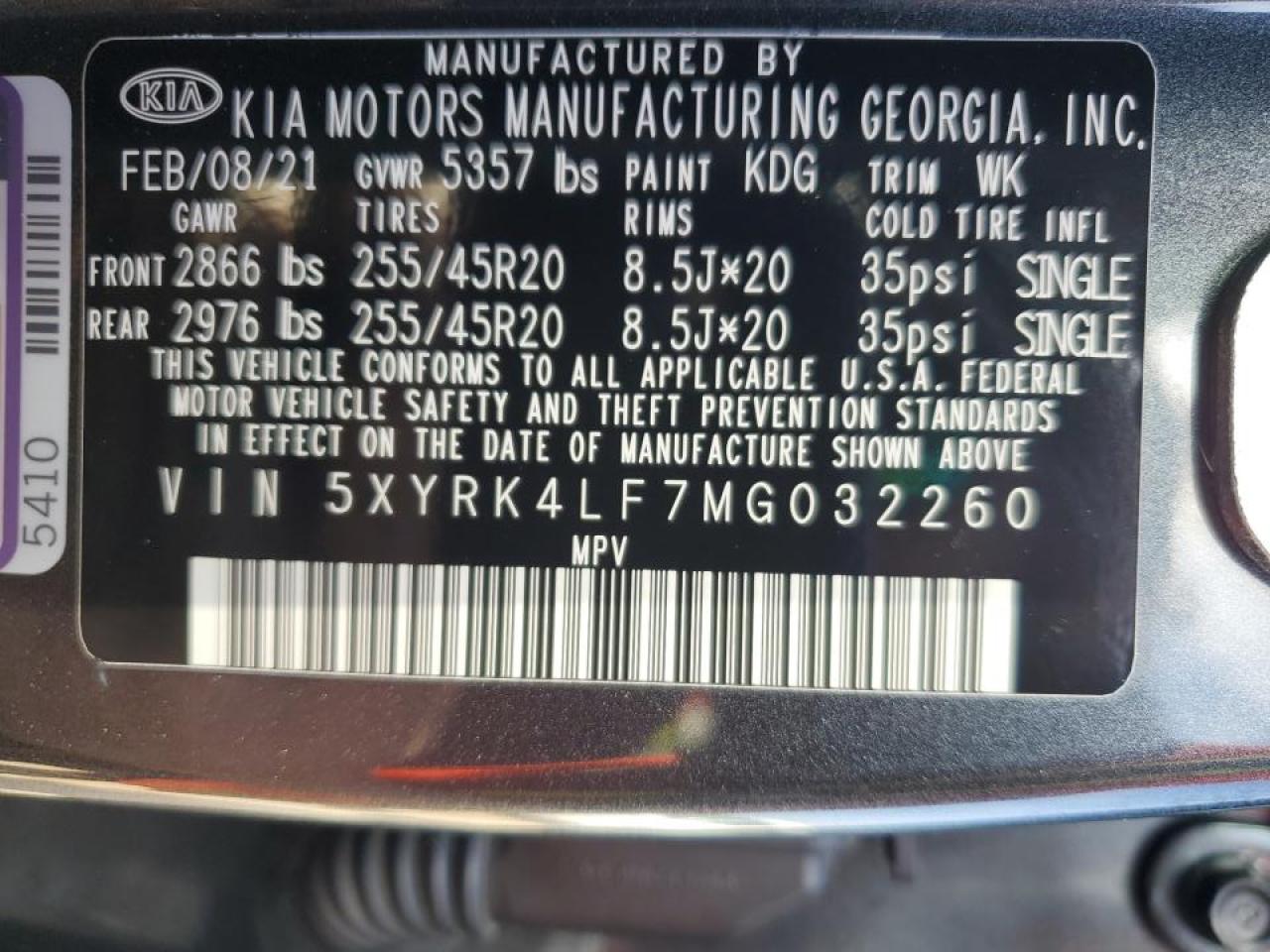 2021 KIA Sorento VIN 5XYRK4LF7MG032260 Copart auction photo, front end damage thumbnail 15