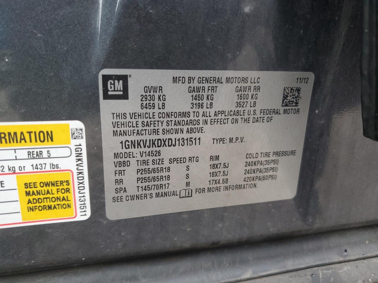 2013 Chevrolet Traverse VIN 1GNKVJKDXDJ131511 Copart auction photo, front end damage thumbnail 14