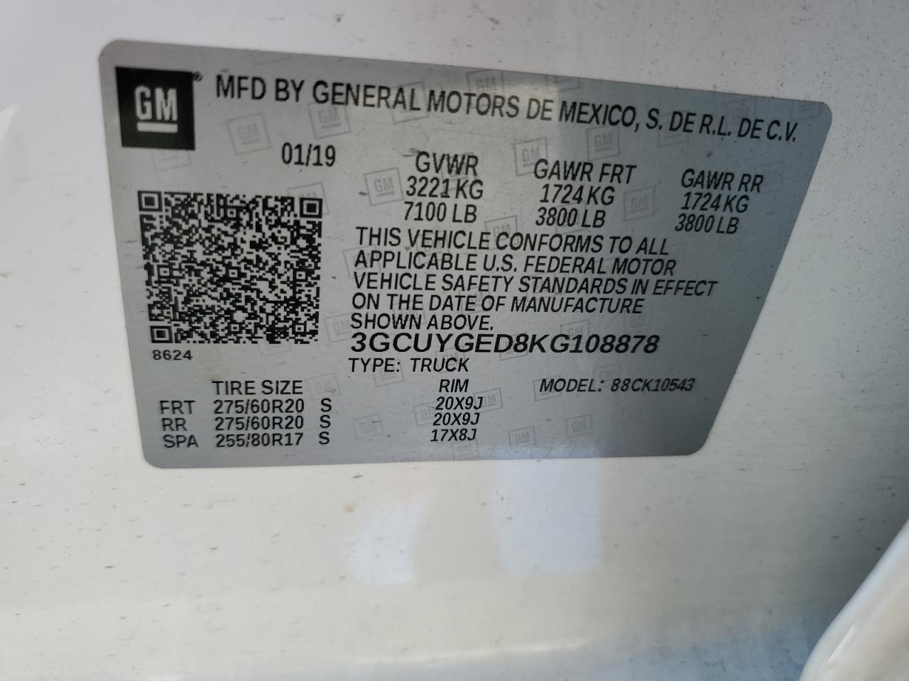2019 Chevrolet Silverado VIN 3GCUYGED8KG108878 Copart auction photo, front end damage thumbnail 12