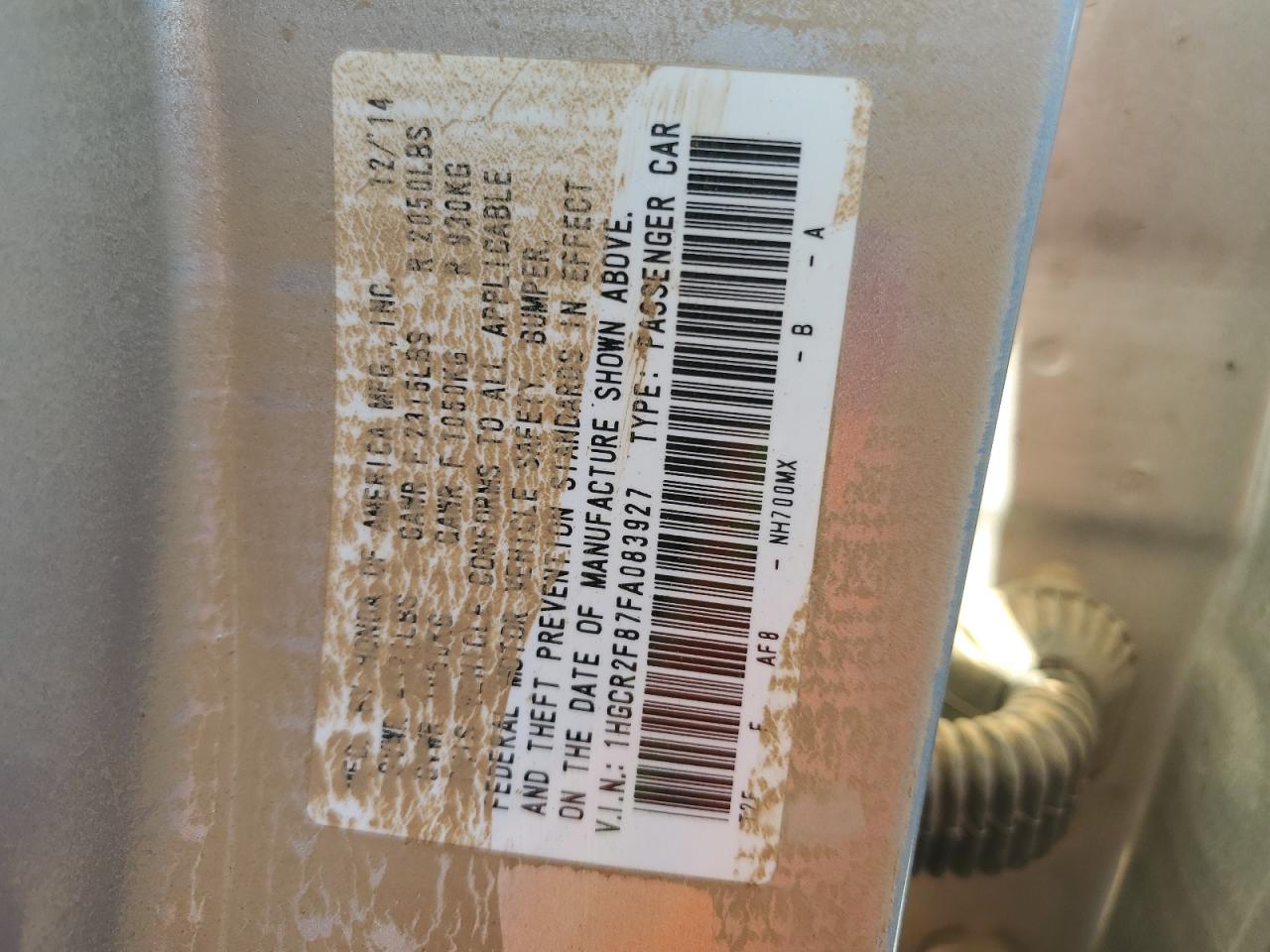 2015 Honda Accord VIN 1HGCR2F87FA083927 Copart auction photo, water/flood damage thumbnail 13