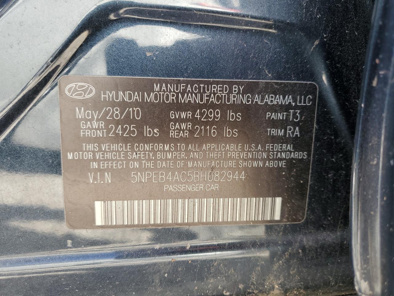 2011 Hyundai Sonata VIN 5NPEB4AC5BH082944 Copart auction photo, top/roof / side damage thumbnail 12