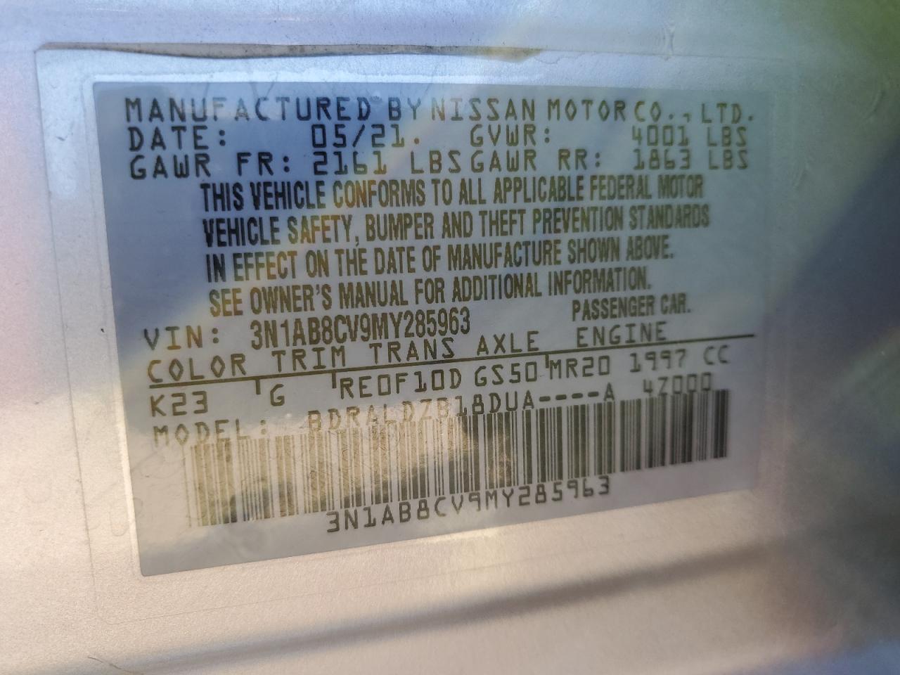 2021 Nissan Sentra VIN 3N1AB8CV9MY285963 Copart auction photo, front end damage thumbnail 13