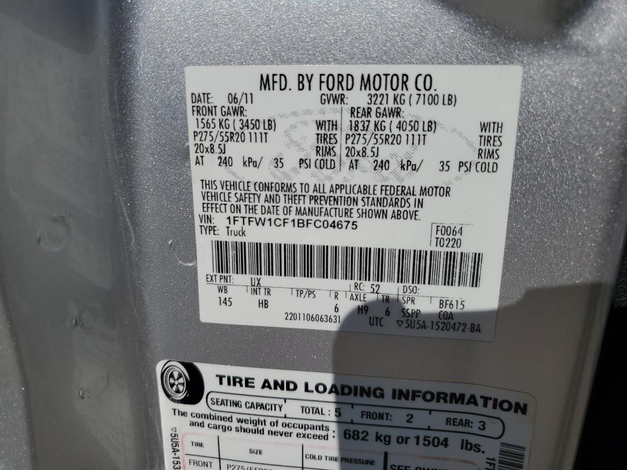 2011 Ford F-150 VIN 1FTFW1CF1BFC04675 Copart auction photo, rear end damage thumbnail 12