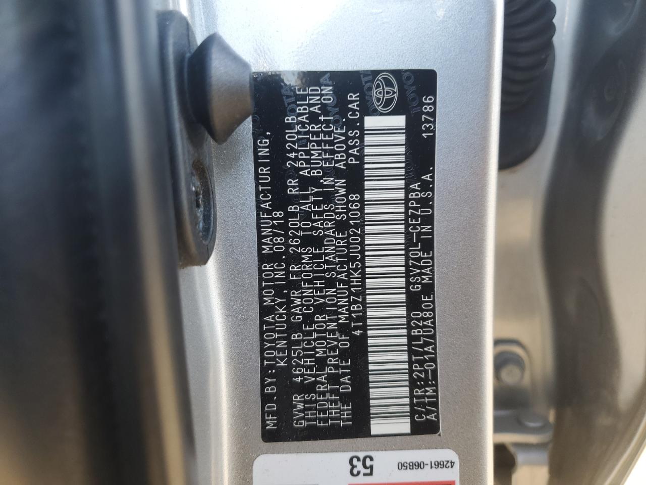 2018 Toyota Camry VIN 4T1BZ1HK5JU021068 Copart auction photo, front end damage thumbnail 12
