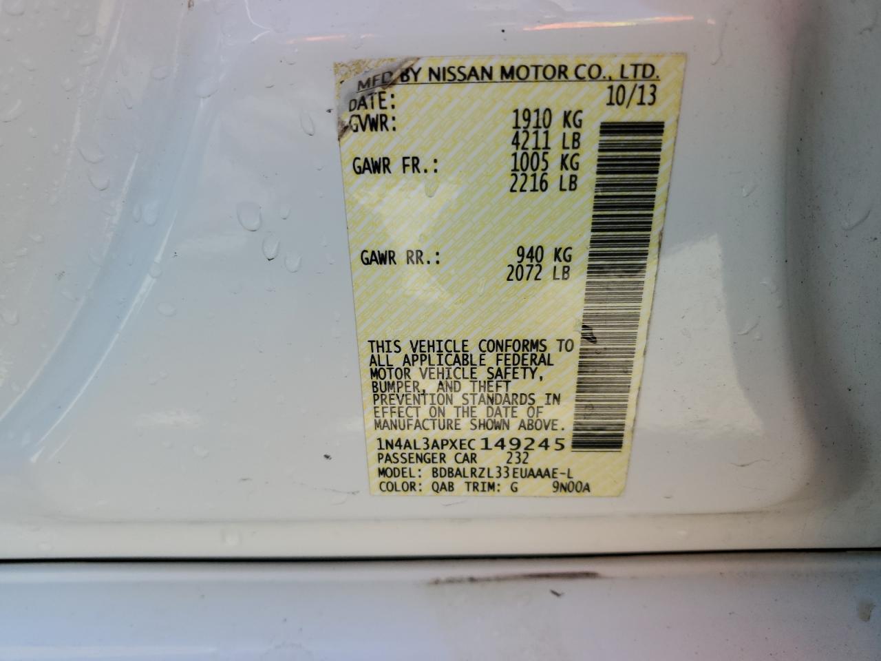 2014 Nissan Altima VIN 1N4AL3APXEC149245 Copart auction photo, front end / hail damage thumbnail 12