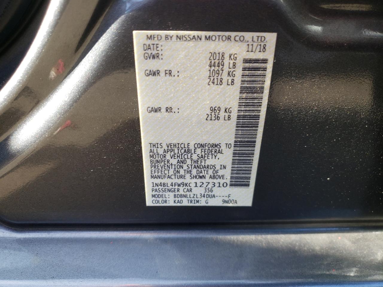 2019 Nissan Altima VIN 1N4BL4FW9KC127310 Copart auction photo, undercarriage / rear end damage thumbnail 12