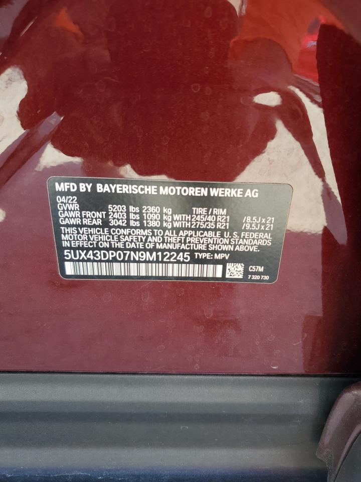 2022 BMW X3 VIN 5UX43DP07N9M12245 Copart auction photo, rear end damage thumbnail 14