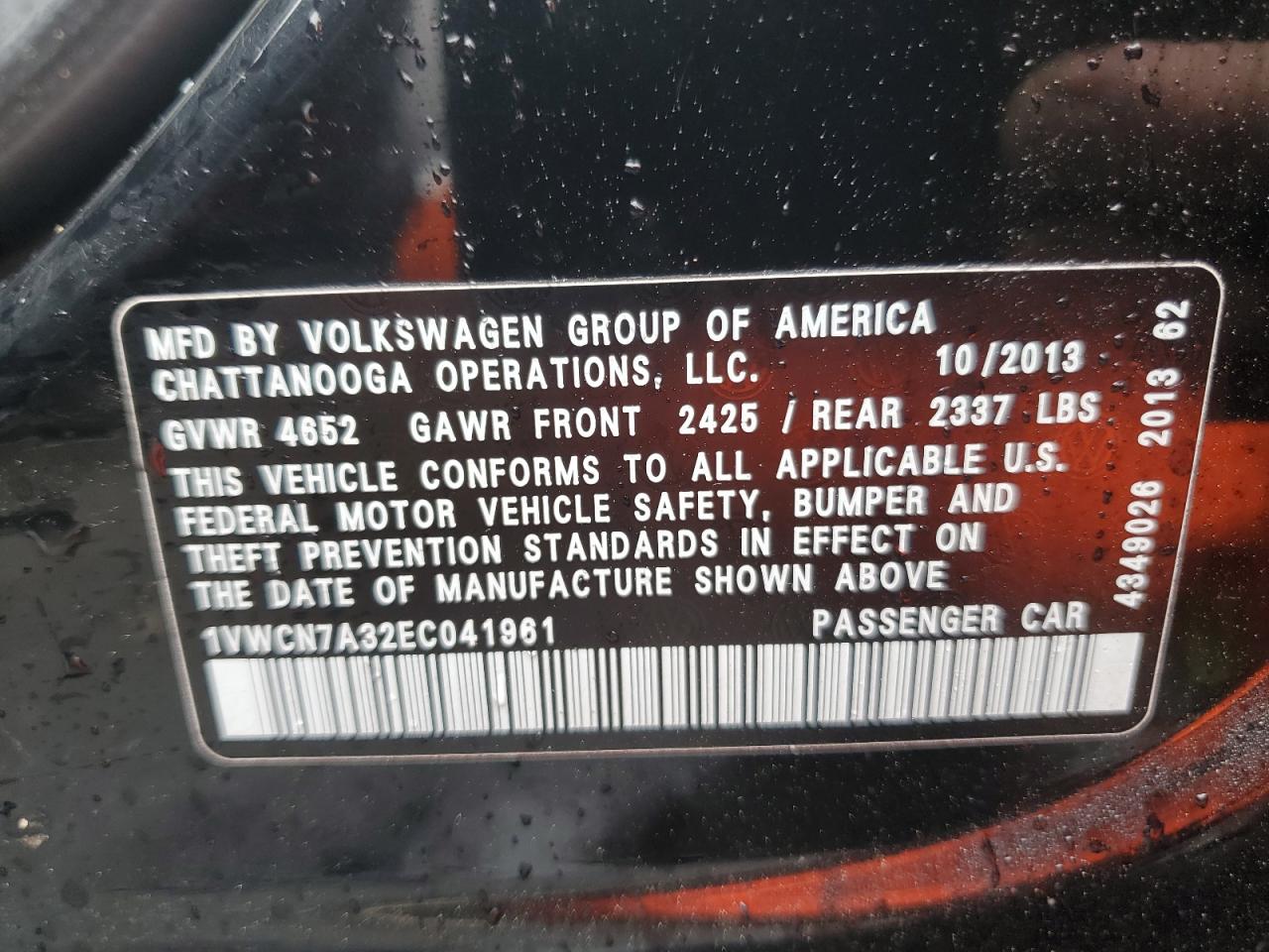 2014 Volkswagen Passat VIN 1VWCN7A32EC041961 Copart auction photo, front end damage thumbnail 13