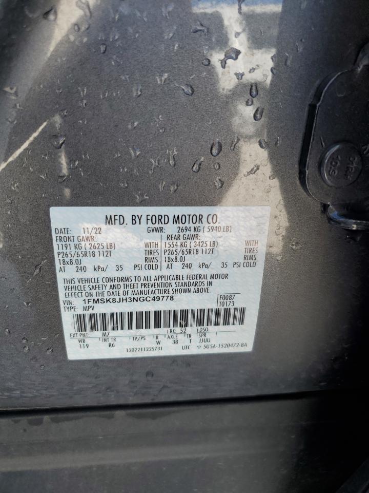 2022 Ford Explorer VIN 1FMSK8JH3NGC49778 Copart auction photo, side damage thumbnail 14