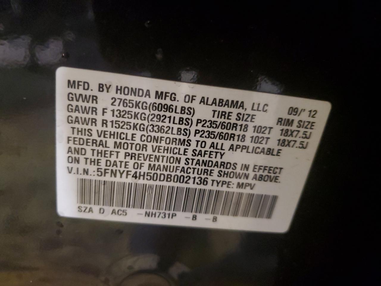 2013 Honda Pilot VIN 5FNYF4H50DB002136 Copart auction photo, all over / minor dent/scratches damage thumbnail 15