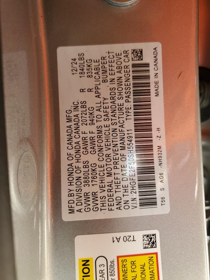 2025 Honda Civic VIN 2HGFE2F50SH554911 Copart auction photo, front end damage thumbnail 12