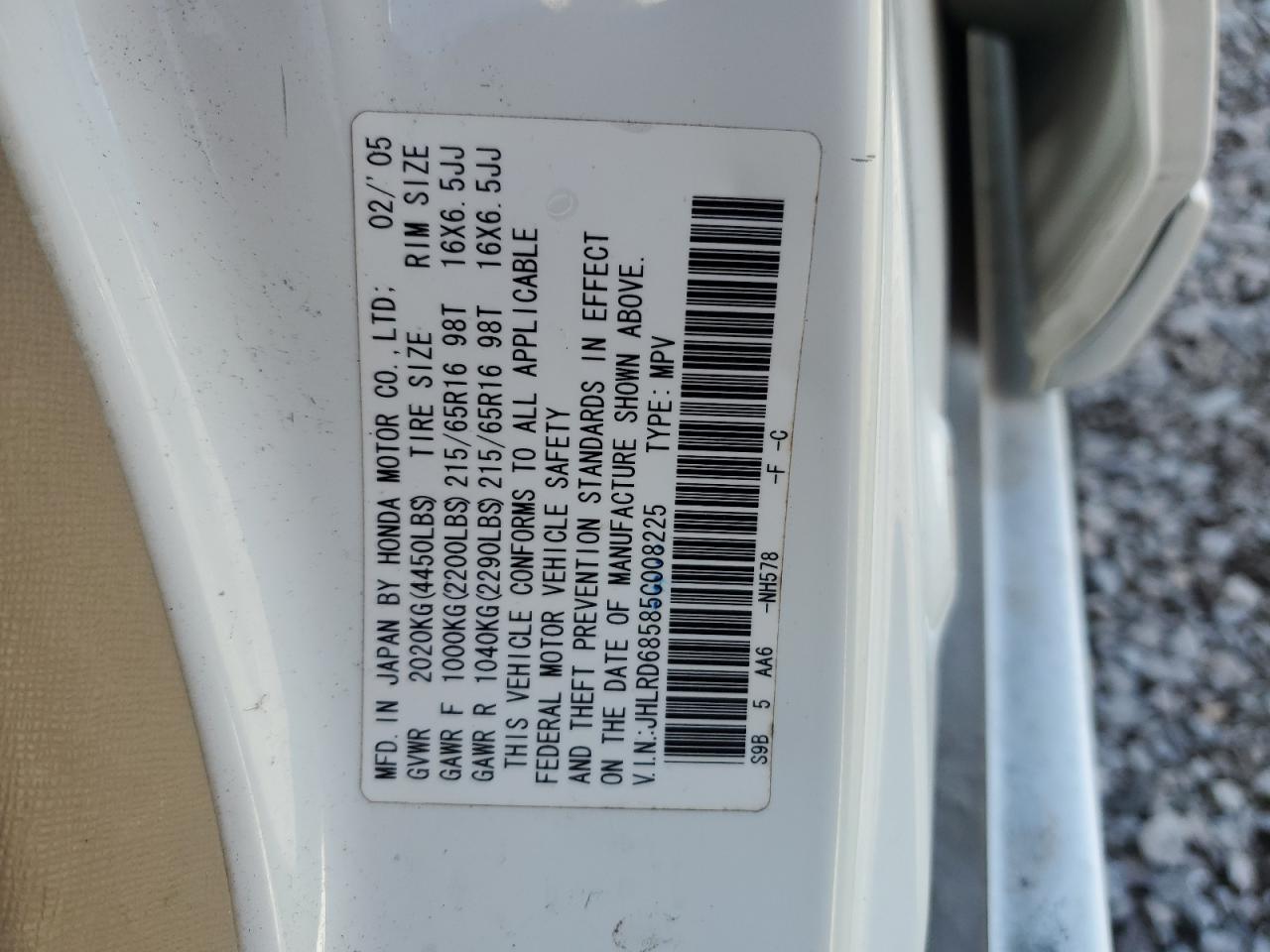 2005 Honda CR-V VIN JHLRD68585C008225 Copart auction photo, rollover / mechanical damage thumbnail 15
